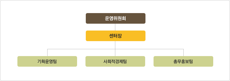 센터 조직은 운영위원회 이하 센터장 이하 기획운영팀, 사회적경제팀, 총무홍보팀이 있다.